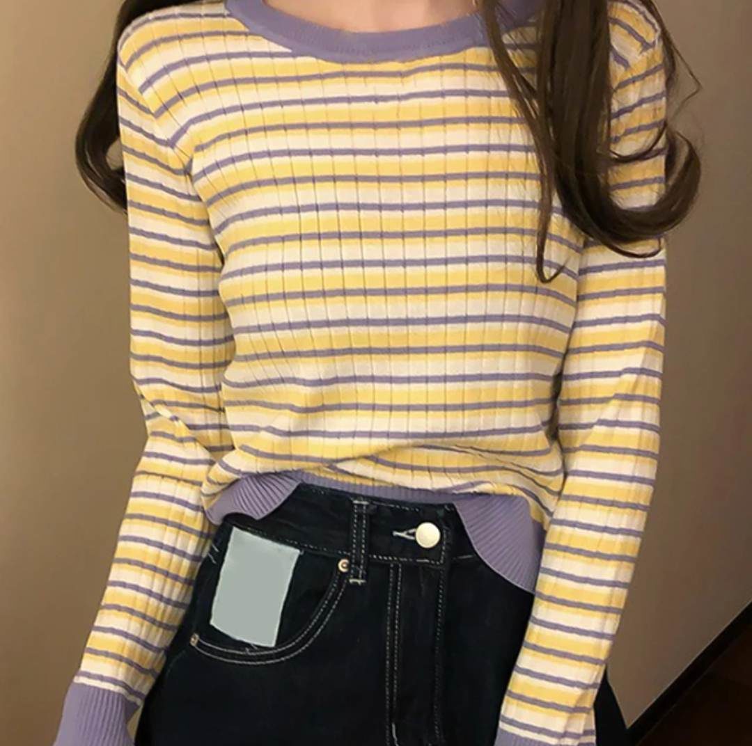 (P8UM8B)?Linki?Women Long Sleeve Striped tshirt Knit Tops ins