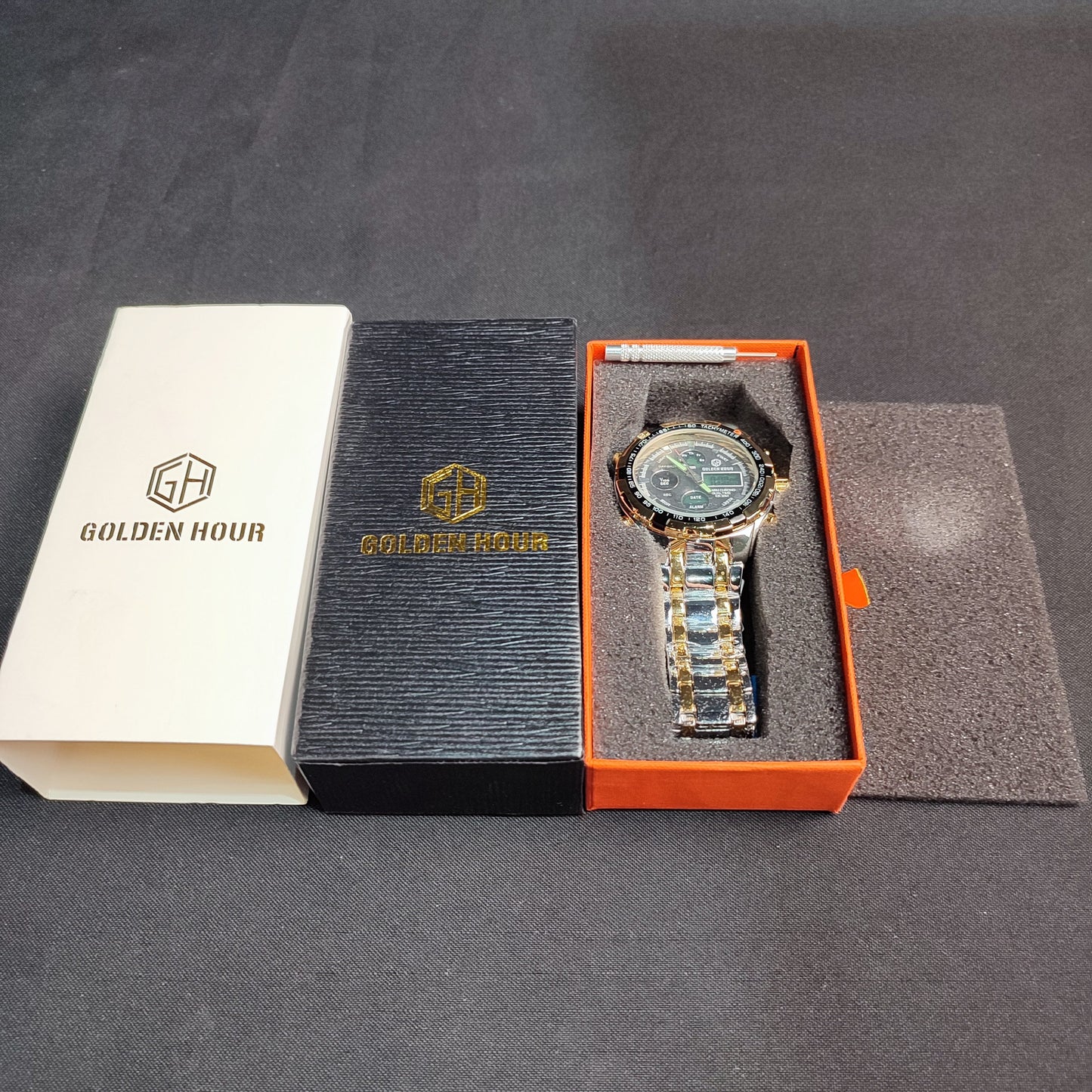 (HY08G5)30M Men 's GOLDENHOUR 30m Waterproof Military Dual Time Watch