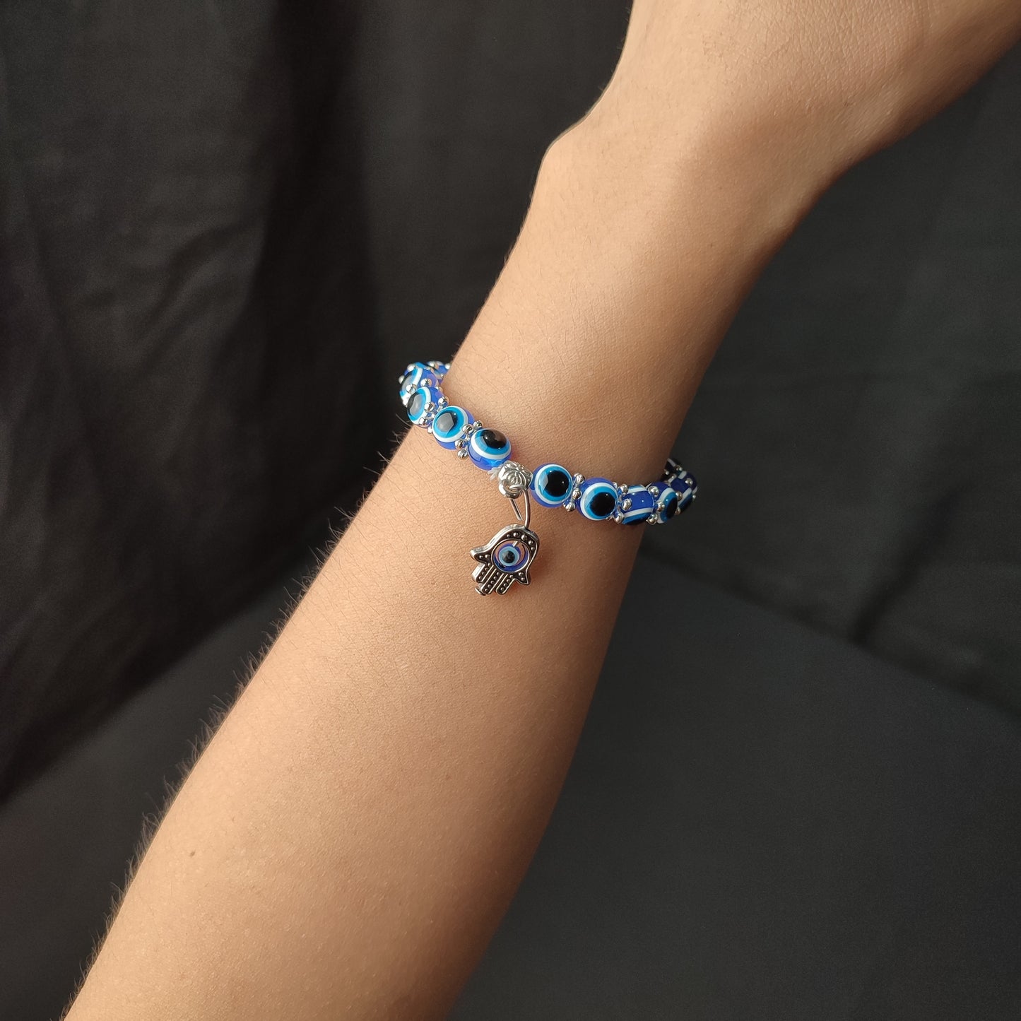 Blue Eye Beaded Lucky Charm Bracelet (Small Hand Eye Charm) with Color Box