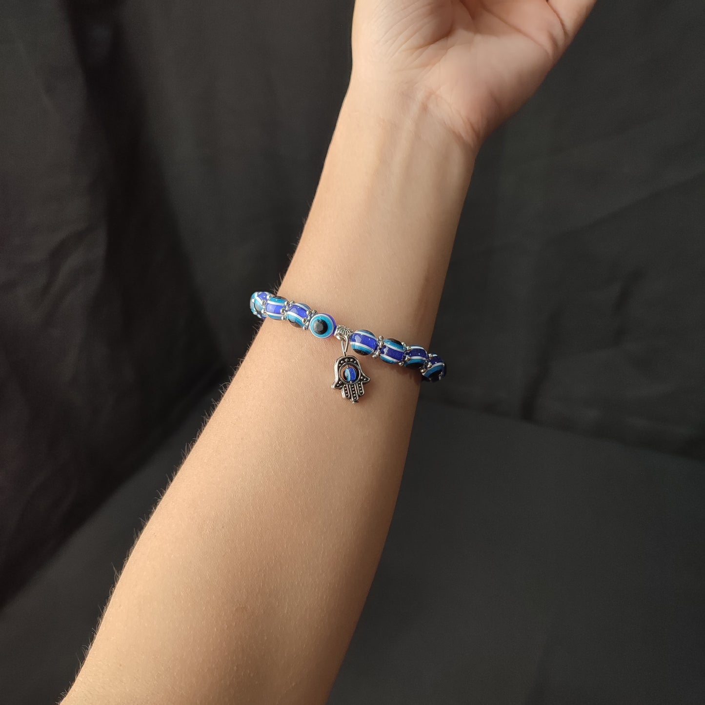 Blue Eye Beaded Lucky Charm Bracelet (Evil Eye Charm) with Yellow Round Box