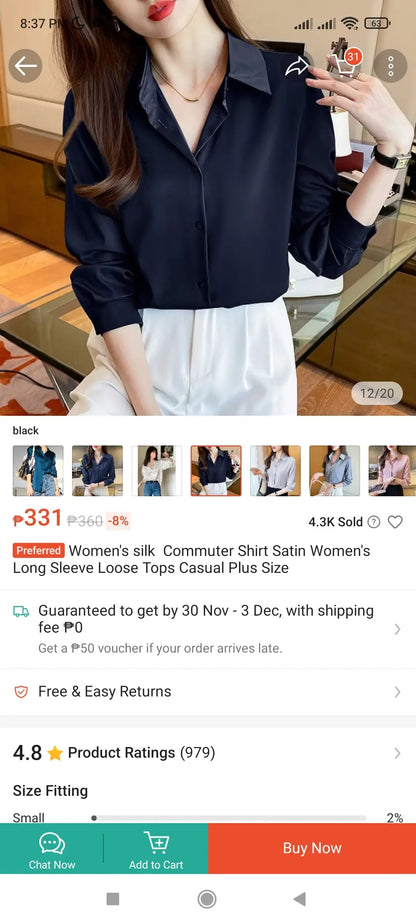 (0MSOX)Retro Satin Shirt Female Loose Long-Sleeved Shirt