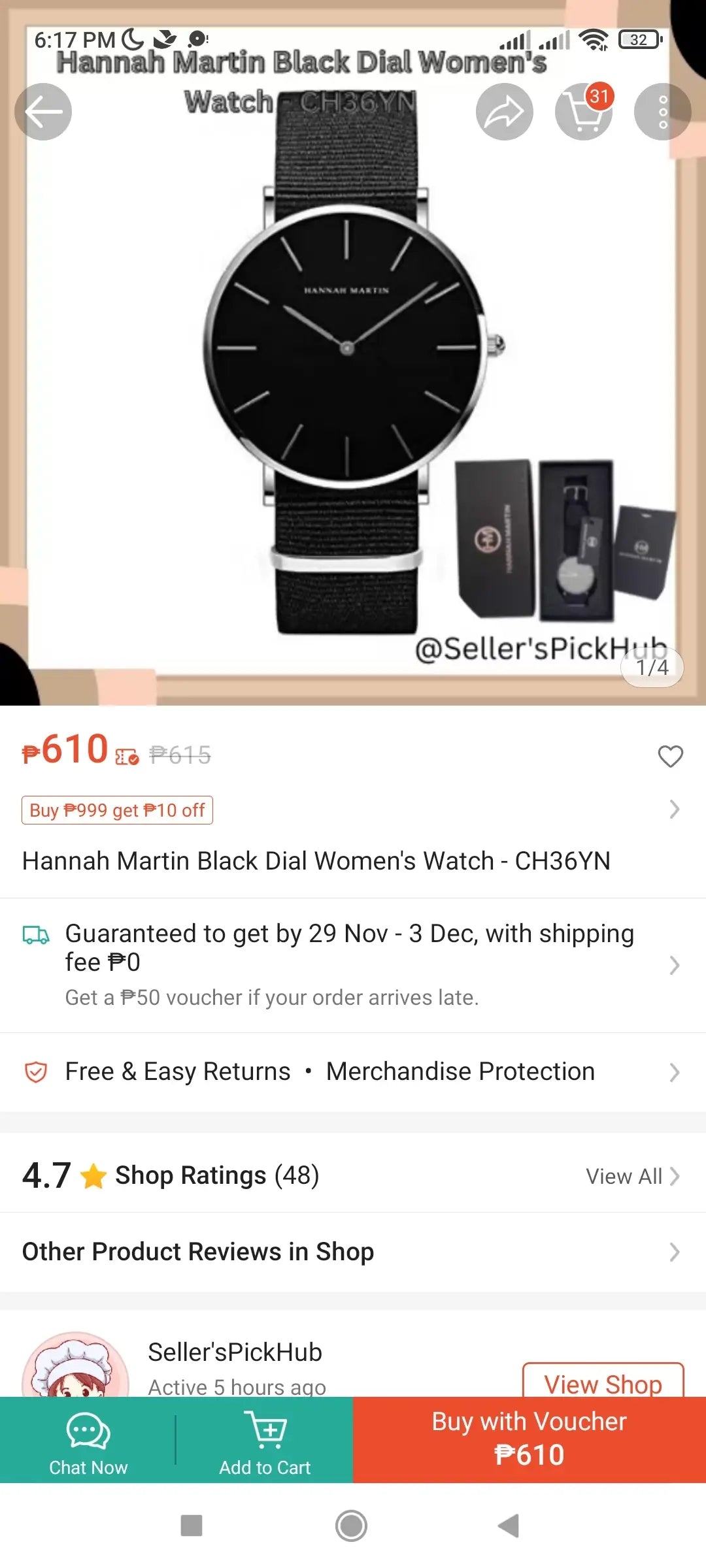 Hannah Martin Canvas Watch W/Box - Black Strap