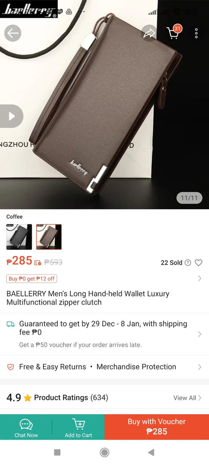 (Brownwallet)Baellerry Men 's Long Wallet Zipper Leather Wallet