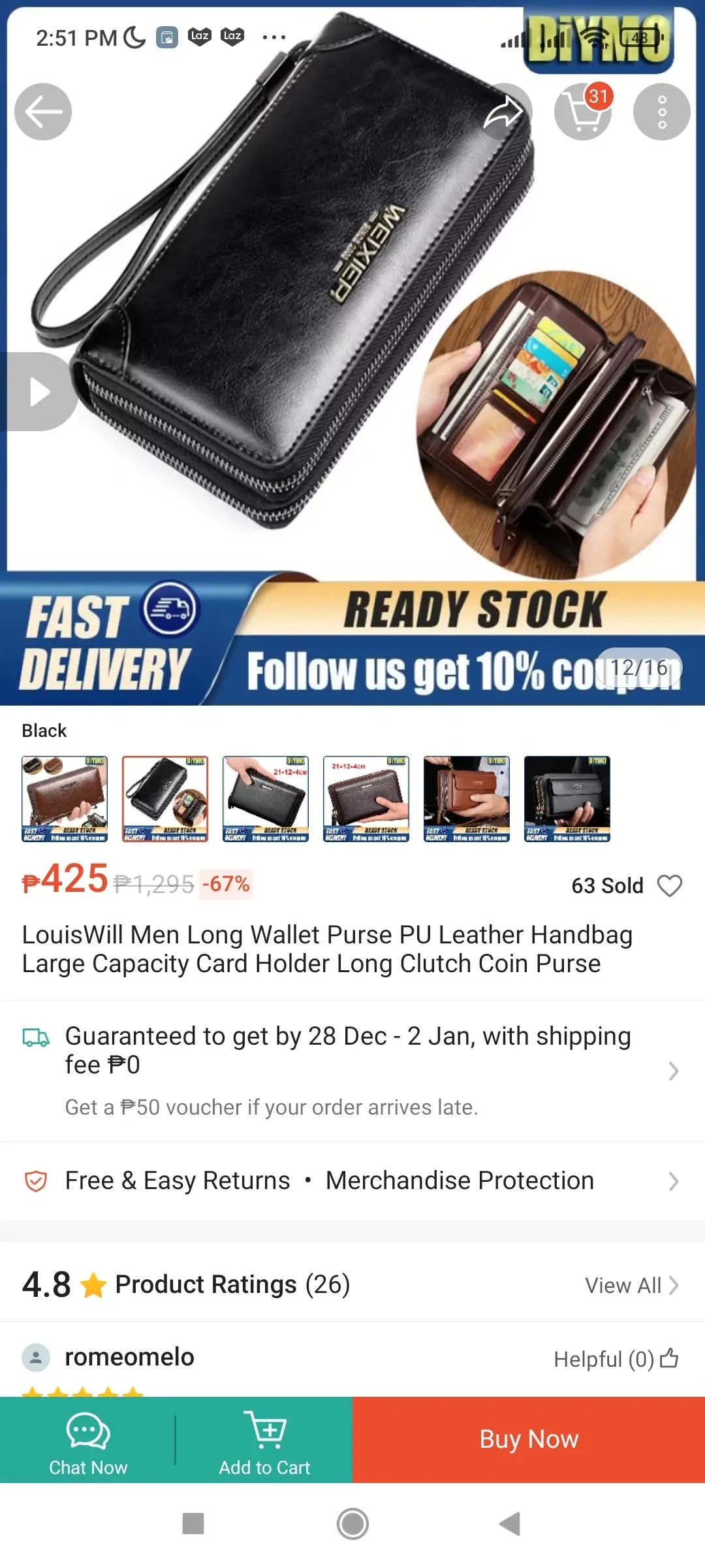 Fashion Men 's Long Wallet PU Leather Zipper Wallet Brown