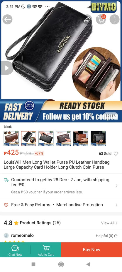 Fashion Men 's Long Wallet PU Leather Zipper Wallet Brown