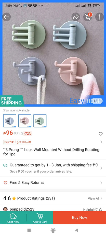 Rotatable Strong Bearing Stick Hook Pack of 2pcs - White
