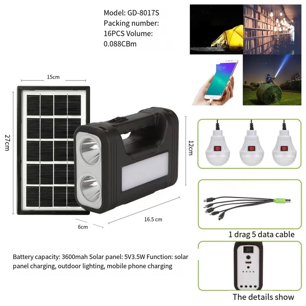 [A1-717] GD-8017s Solar Lighting System Digital Kit - 3 Bulbs Built-in Rechargeable Lithium Battery