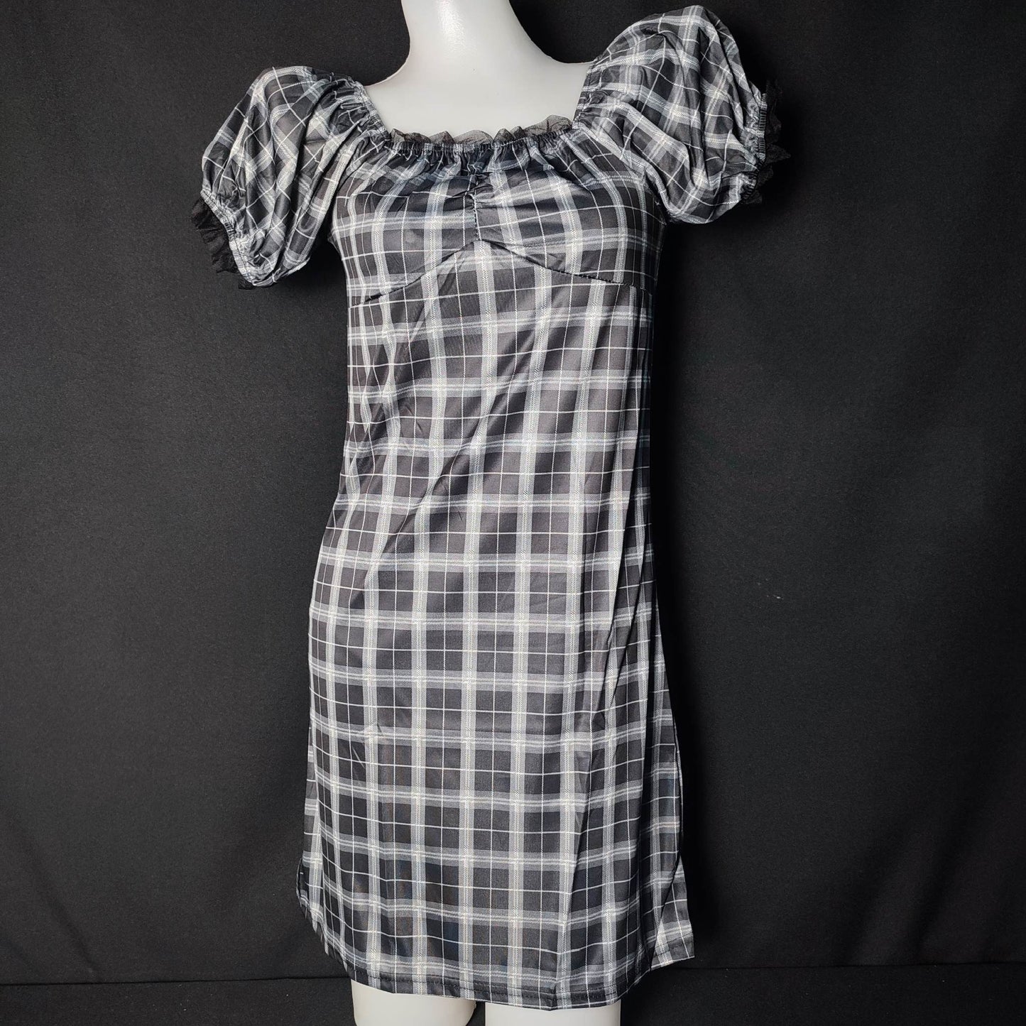 (GLUNT)Retro Plaid Stitching Short Sleeve Dress A-Line Skirt