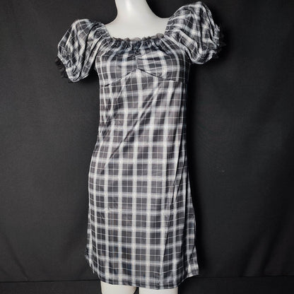 (GLUNT)Retro Plaid Stitching Short Sleeve Dress A-Line Skirt