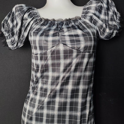 (GLUNT)Retro Plaid Stitching Short Sleeve Dress A-Line Skirt