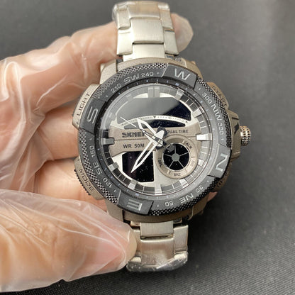 Skmei Steel Chronograph 360° Watch W/Metal Box - Black/Silver