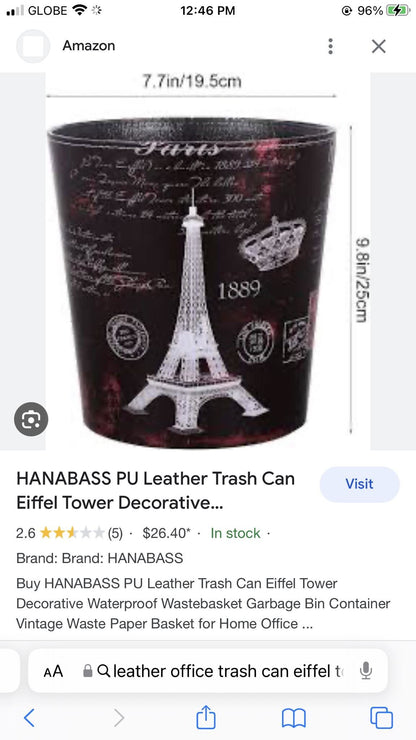 Leather Office Trash Can - Eiffel Tower & Paris Design