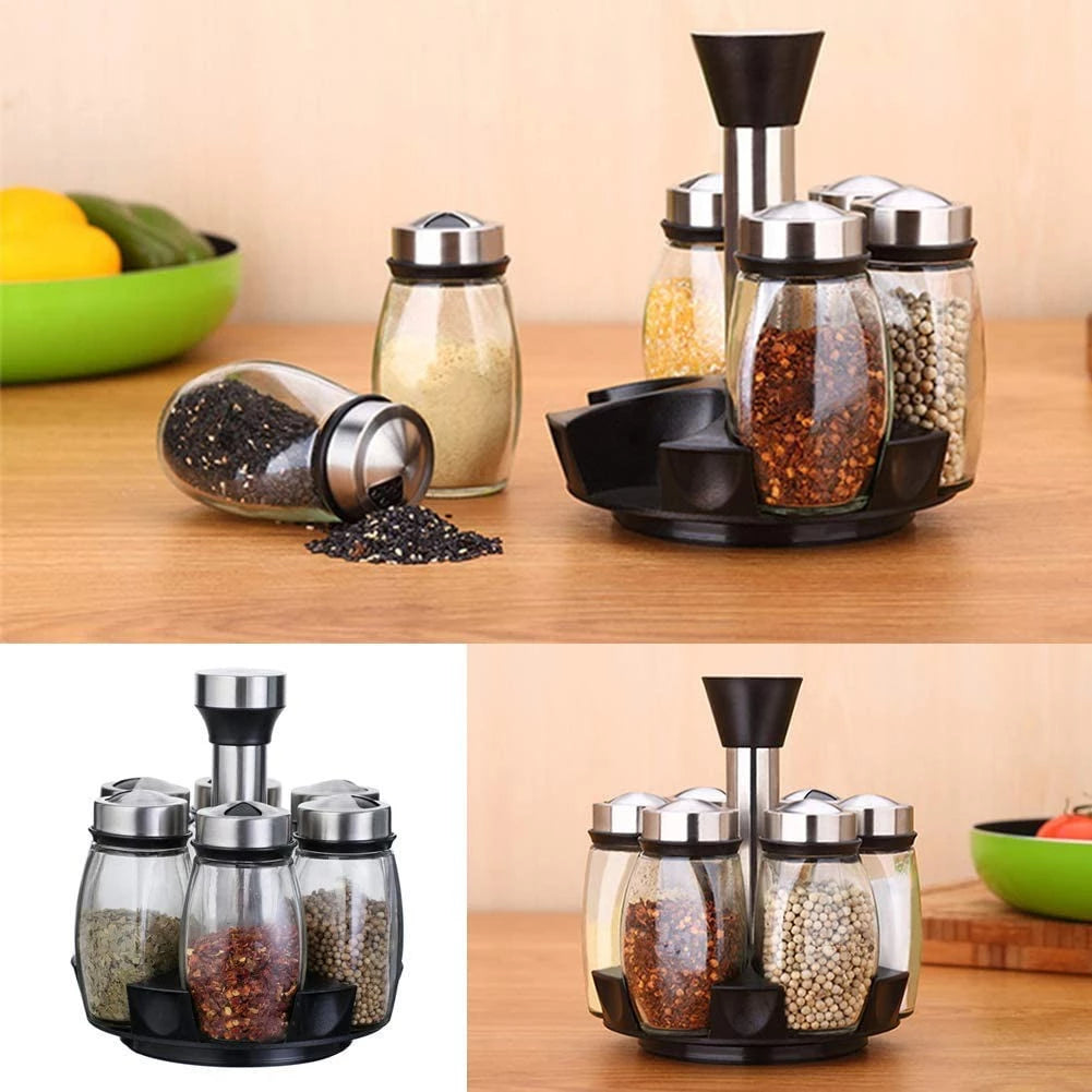 [A1-1035] Spice Rack Set with 6pcs Glass Spice Holders Jar Rotating Rack OT-107