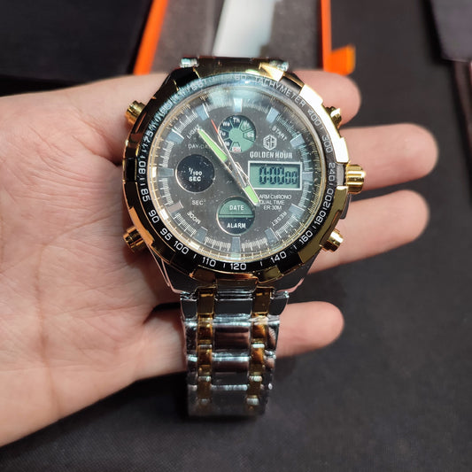 (HY08G5)30M Men 's GOLDENHOUR 30m Waterproof Military Dual Time Watch