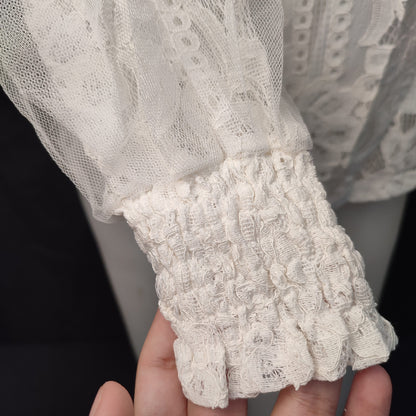 (HDXAEG)CodWomen Long Sleeve Openwork Lace Mesh Blouse