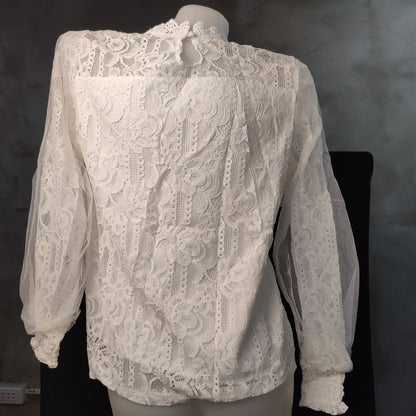 (HDXAEG)CodWomen Long Sleeve Openwork Lace Mesh Blouse