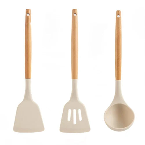 [A1-1211] Silicon Kitchen Spatula with Wooden Handle (3pcs Set)
