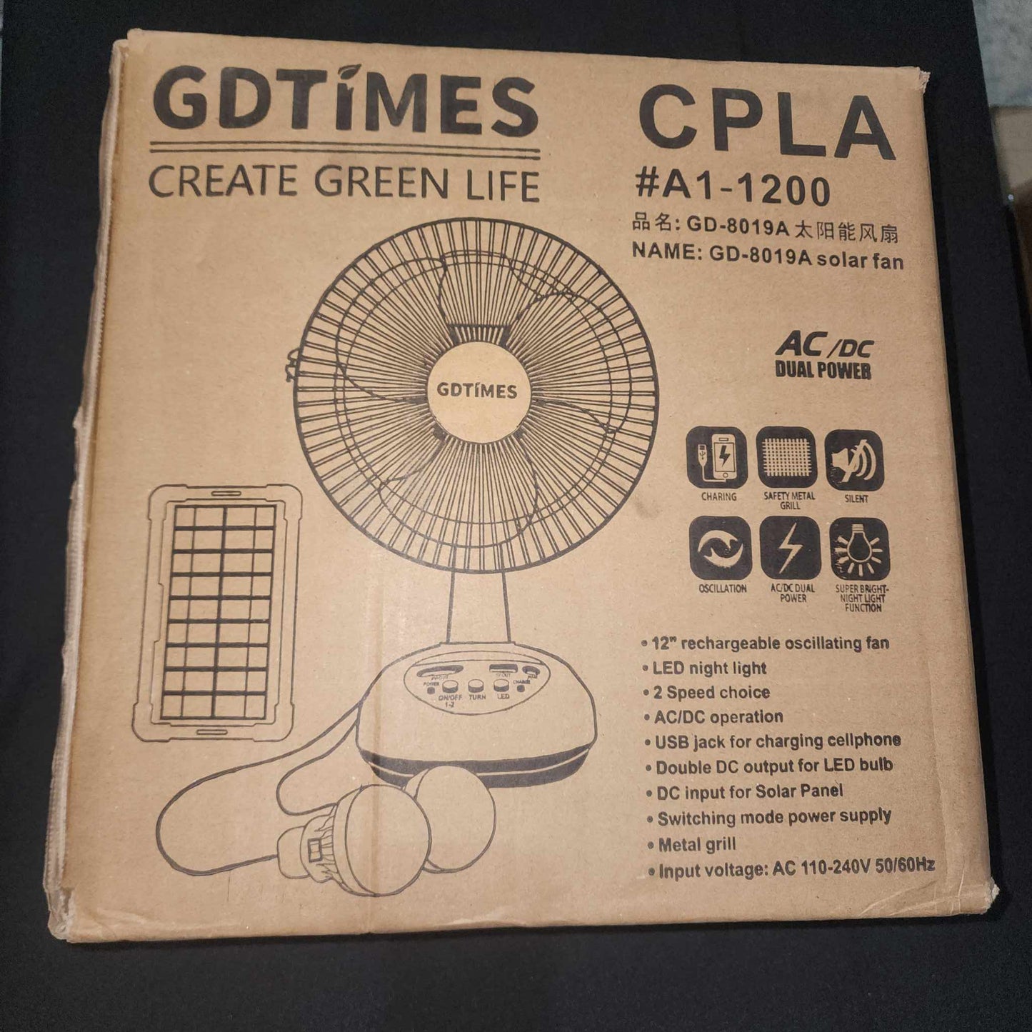 [A1-1200] GD-8019A GD Times 12 inches Solar Electric Fan