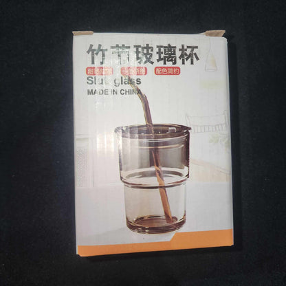 [A1-1265] Slub Glass Bamboo Cup Leather Case Portable Coffee Cup with Lid Glass Straw