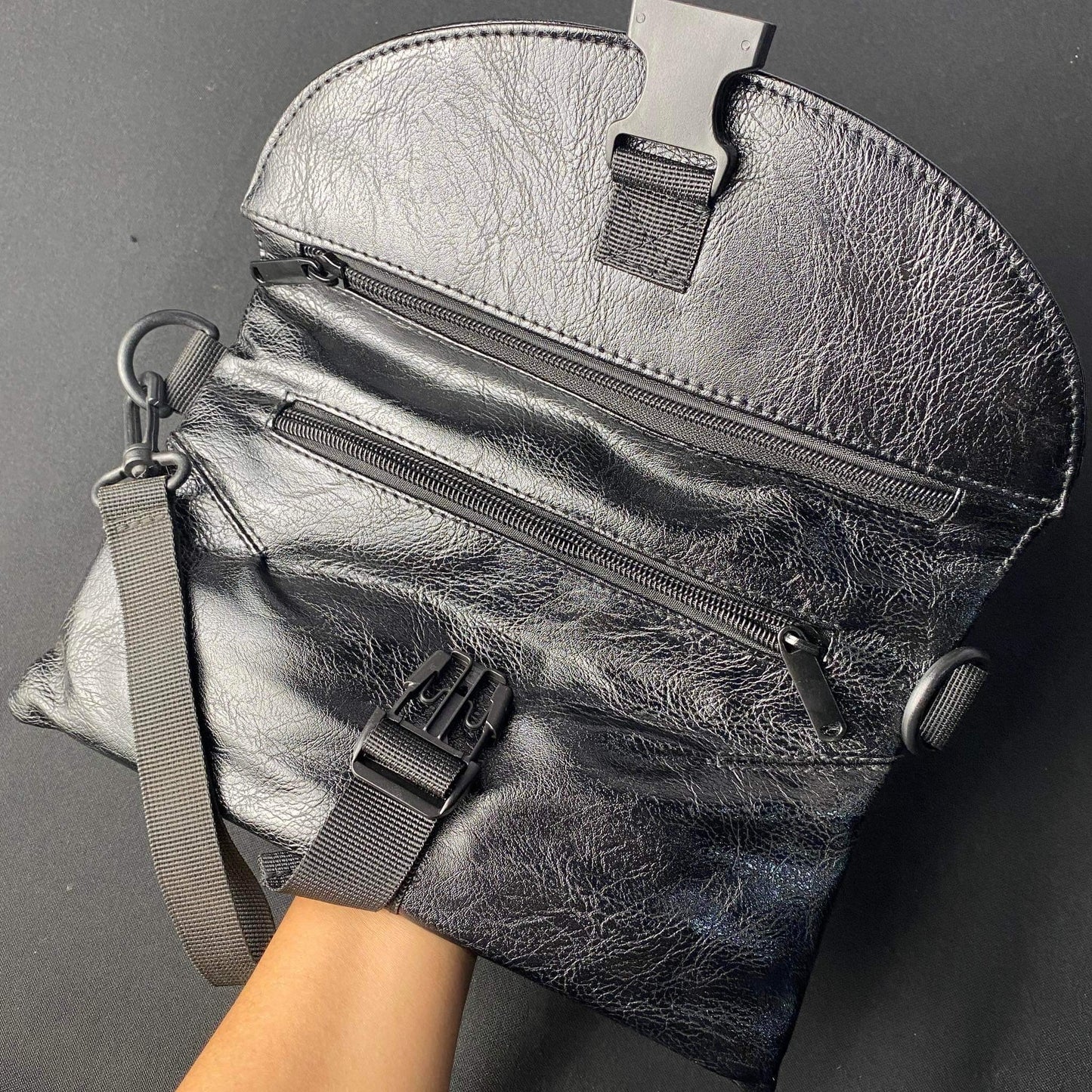 Korean Black Crossbody Chest Bag Leather