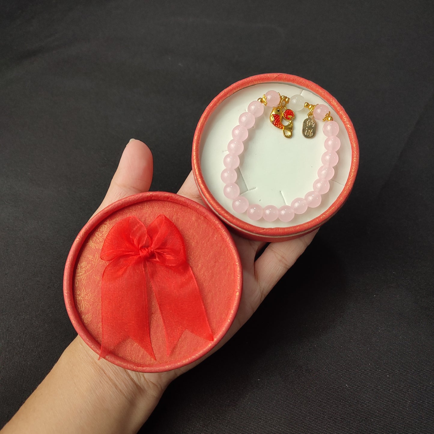 Pink Beaded Lucky Charm Bracelet (Koi Fish Charm) with Color Box
