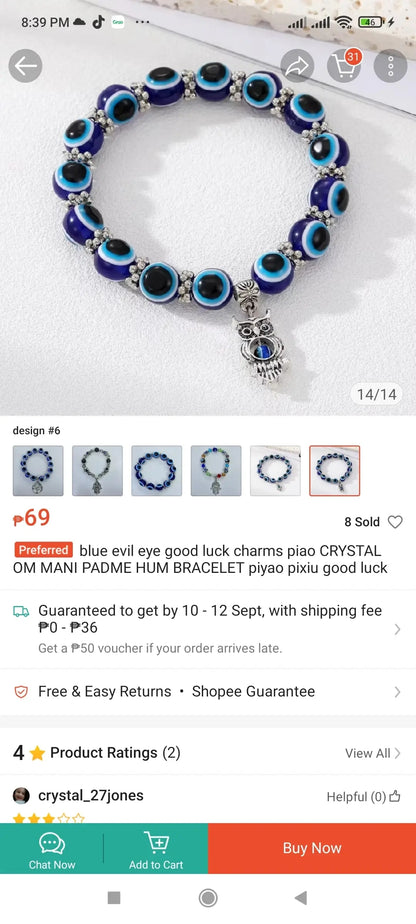 Blue Eye Beaded Lucky Charm Bracelet without Box