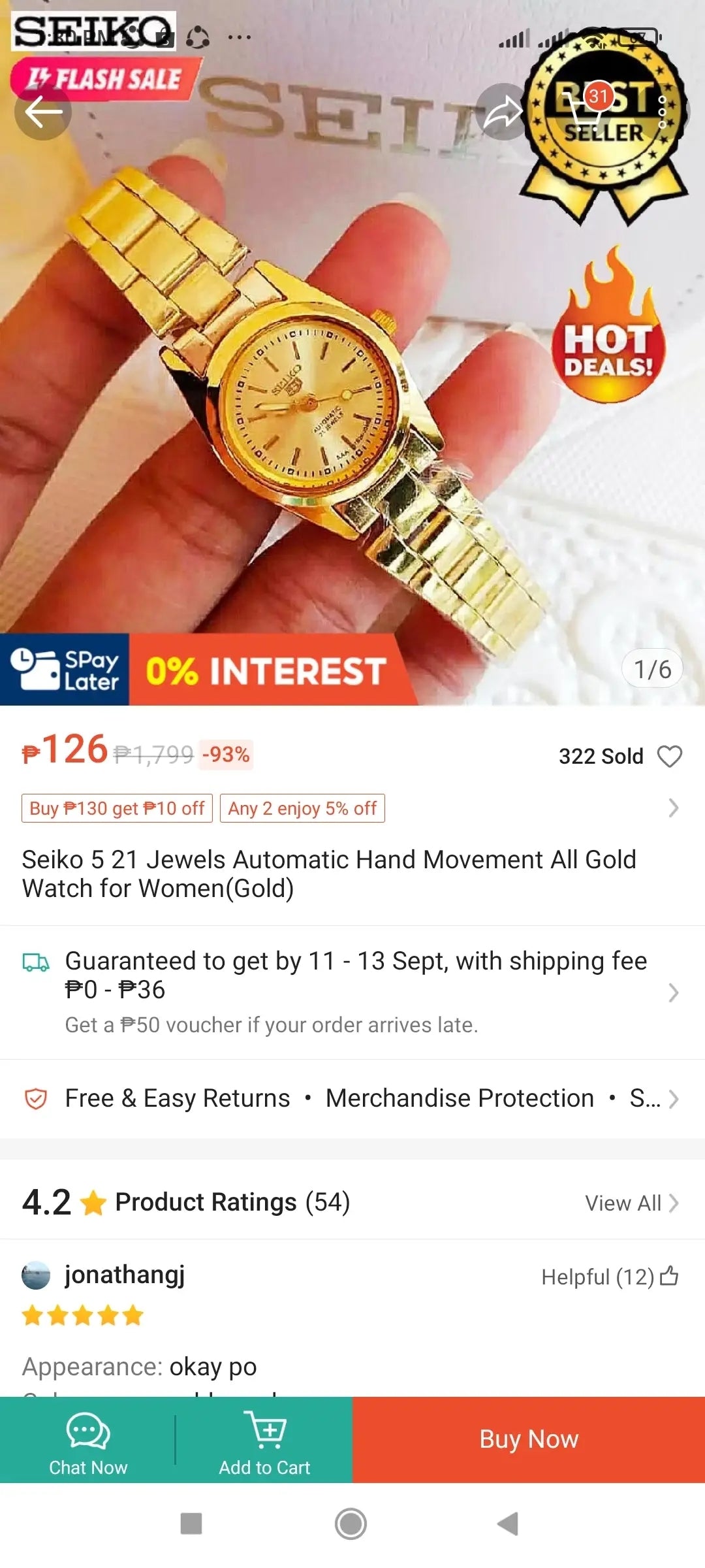 Seiko 5 Women's Gold Analog Watch - Green Hand with Regular Box