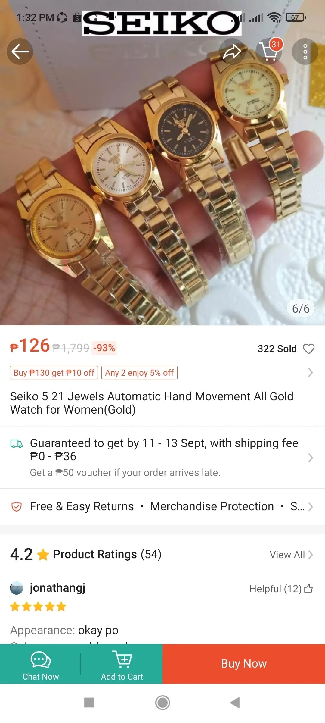 Seiko 5 Women's Gold Analog Watch - Green Hand with Regular Box