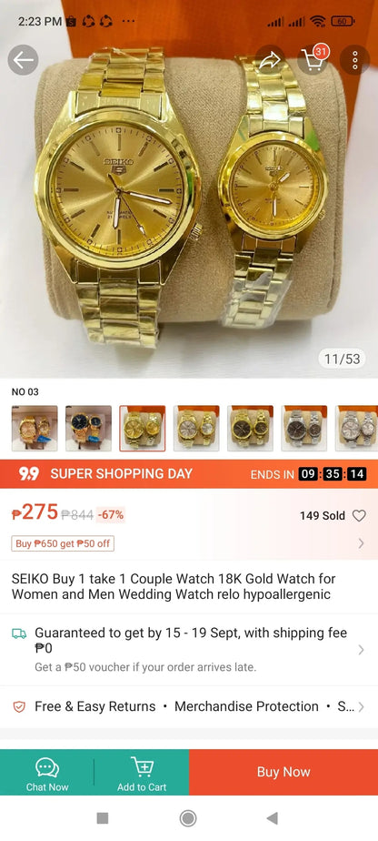 Seiko 5 Gold Analog Couple Watch - Glow Hand with Quality Box