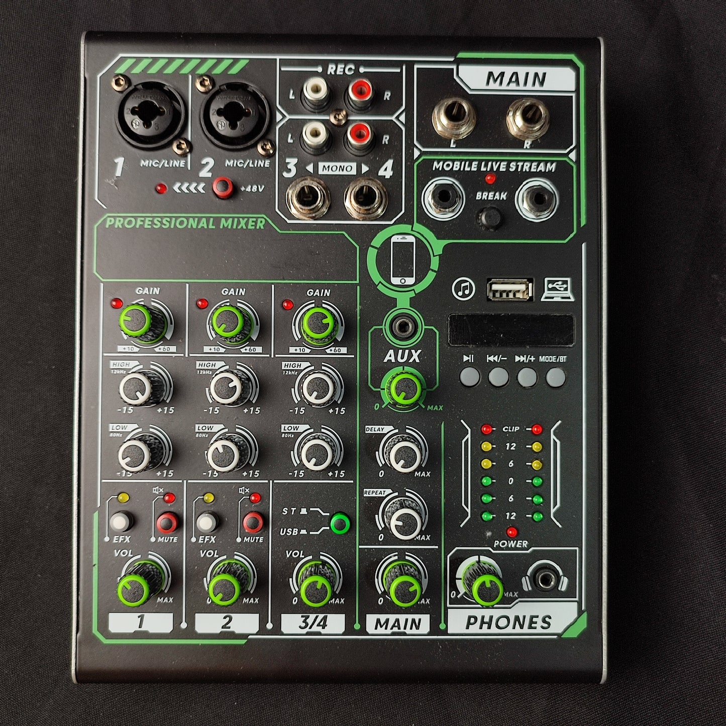 PL4 Professional 4-Channel Mixing Console Aux Paths Plus Effects Processor