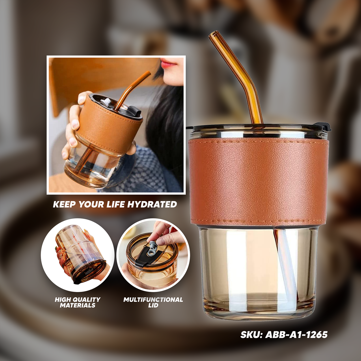 [A1-1265] Slub Glass Bamboo Cup Leather Case Portable Coffee Cup with Lid Glass Straw