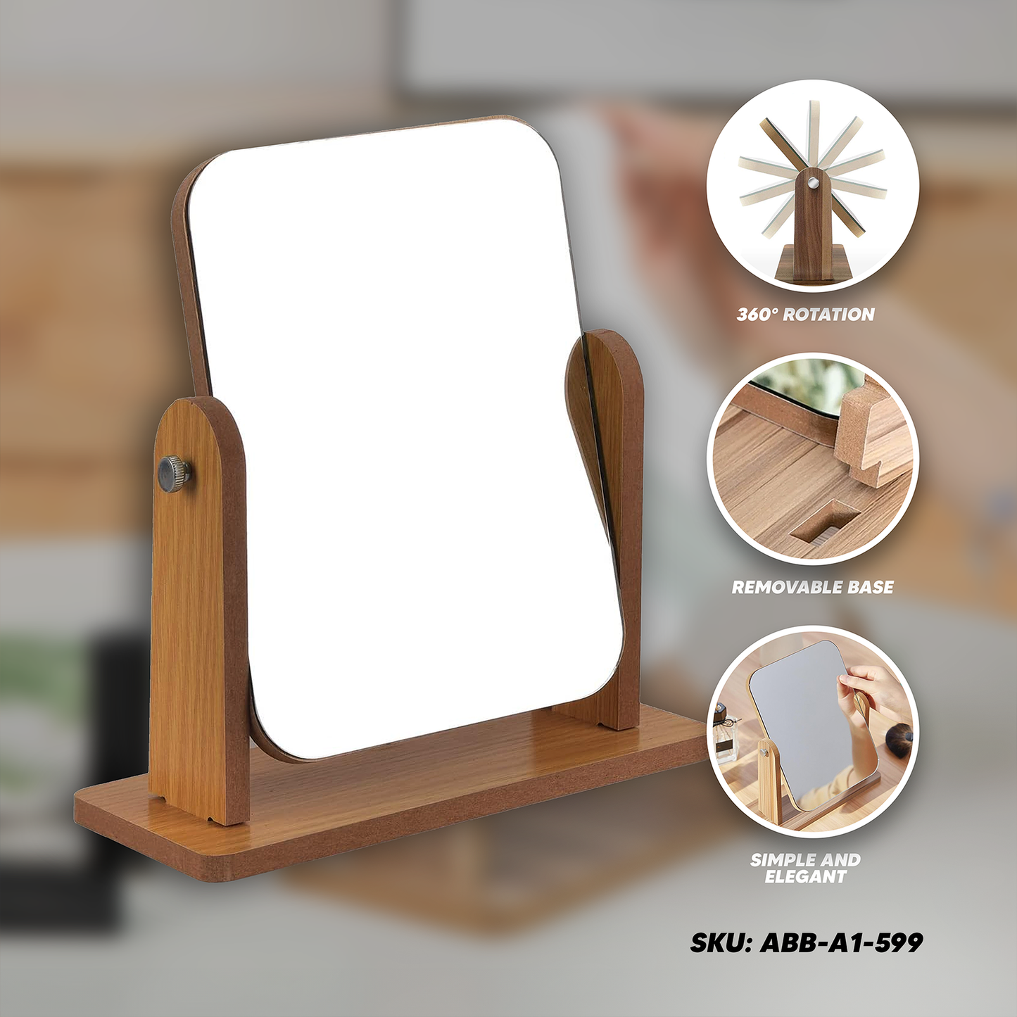 [A1-599] 360° Swivel Wooden Desk Mirror