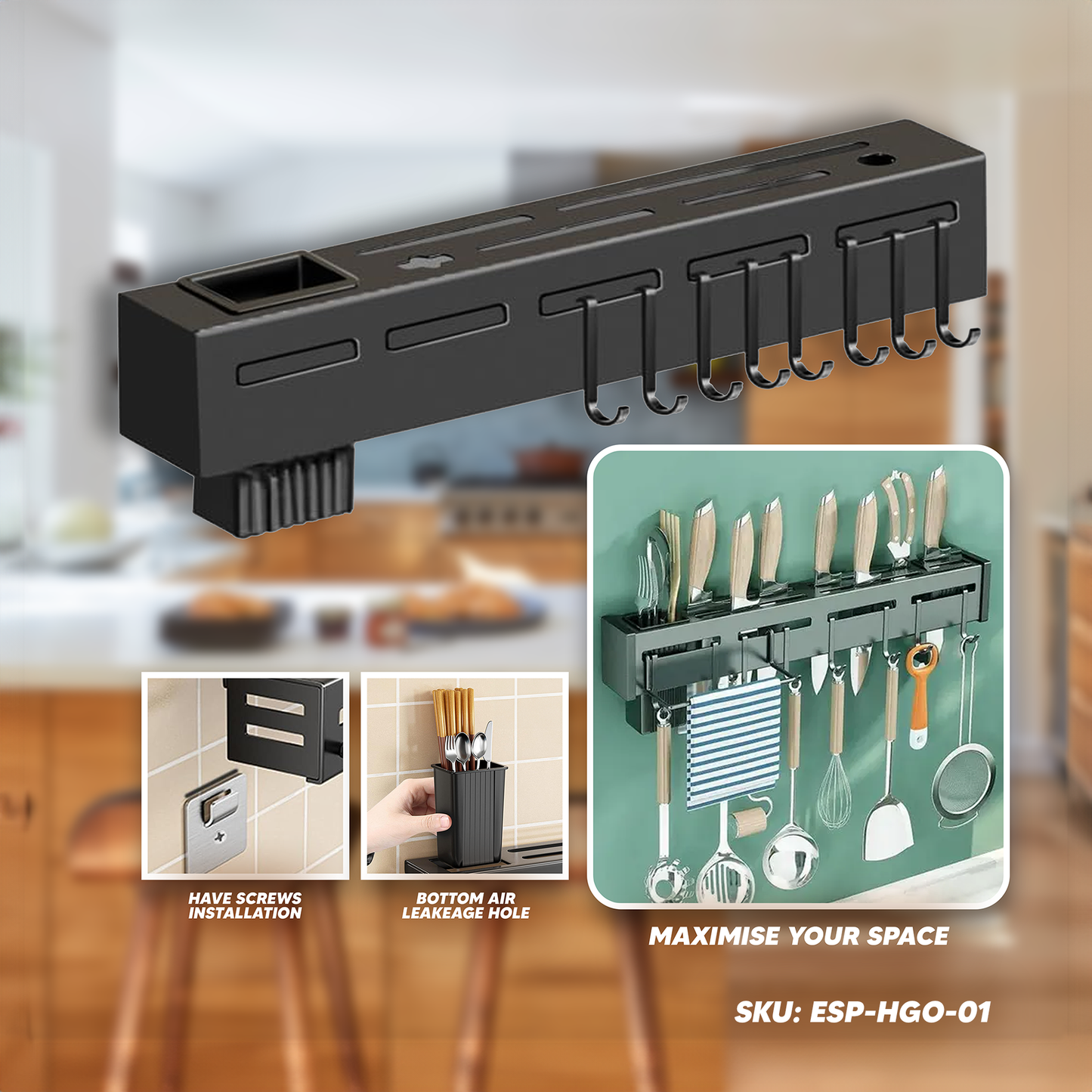 Kitchen Utensils Wall Mount Stainless Steel Hanging Organizer - 50cm