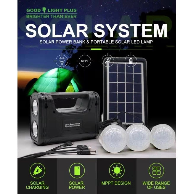 [A1-717] GD-8017s Solar Lighting System Digital Kit - 3 Bulbs Built-in Rechargeable Lithium Battery