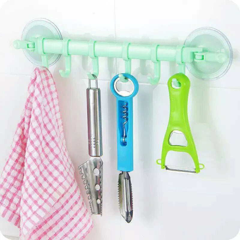 Towel Rack Suction Cup 6 Hooks Bathroom Door Holder