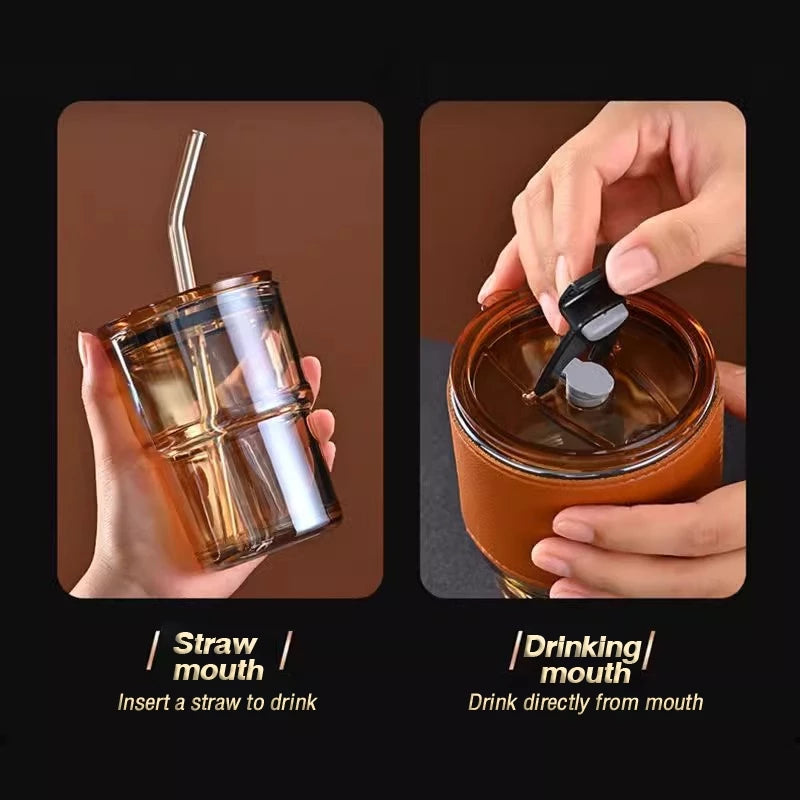 [A1-1265] Slub Glass Bamboo Cup Leather Case Portable Coffee Cup with Lid Glass Straw