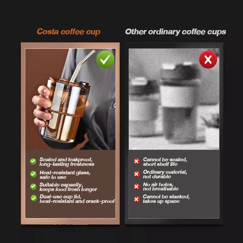 [A1-1265] Slub Glass Bamboo Cup Leather Case Portable Coffee Cup with Lid Glass Straw