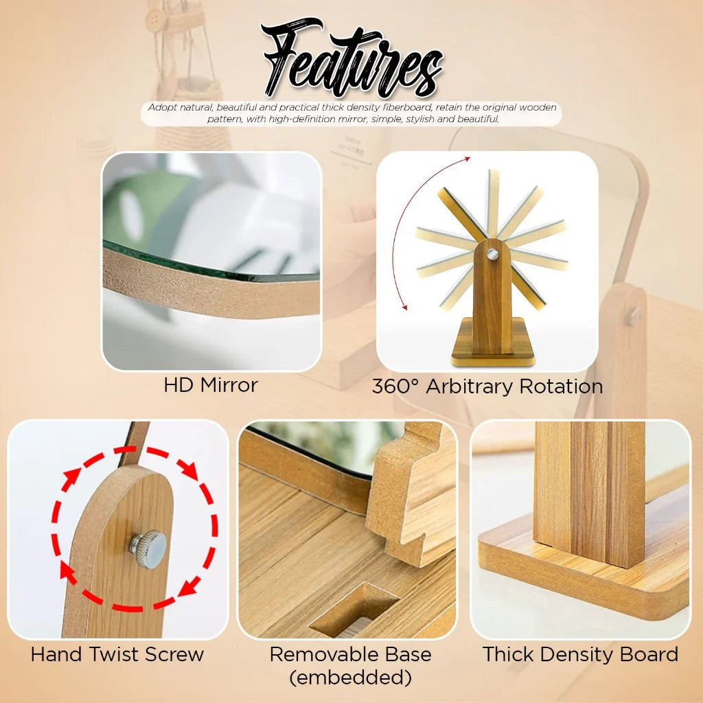 [A1-599] 360° Swivel Wooden Desk Mirror