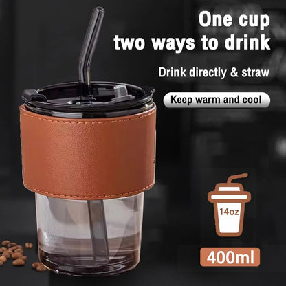[A1-1265] Slub Glass Bamboo Cup Leather Case Portable Coffee Cup with Lid Glass Straw