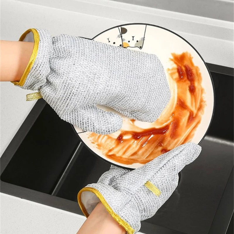 Kitchen Silver Wired Dishwashing Thicken Gloves (1 Pair)