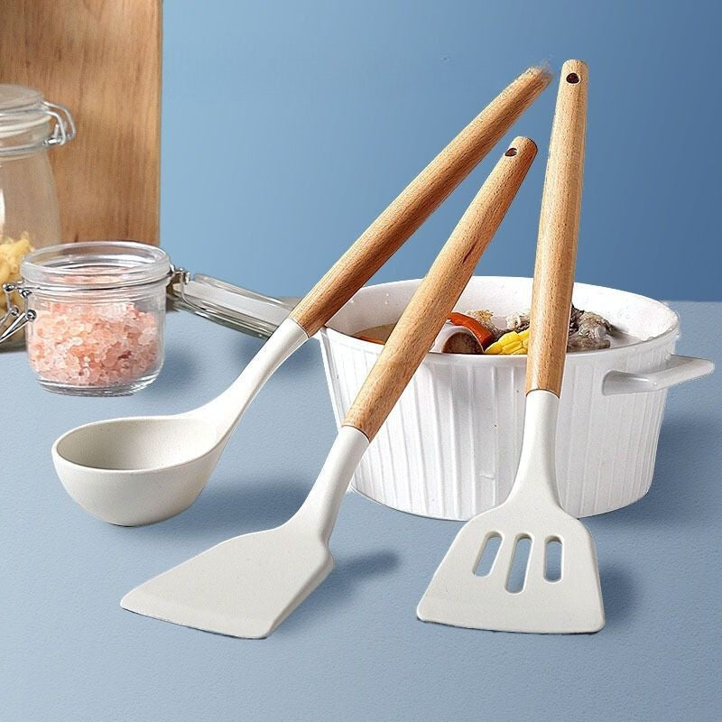 [A1-1211] Silicon Kitchen Spatula with Wooden Handle (3pcs Set)