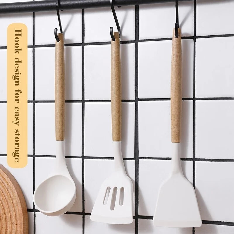 [A1-1211] Silicon Kitchen Spatula with Wooden Handle (3pcs Set)
